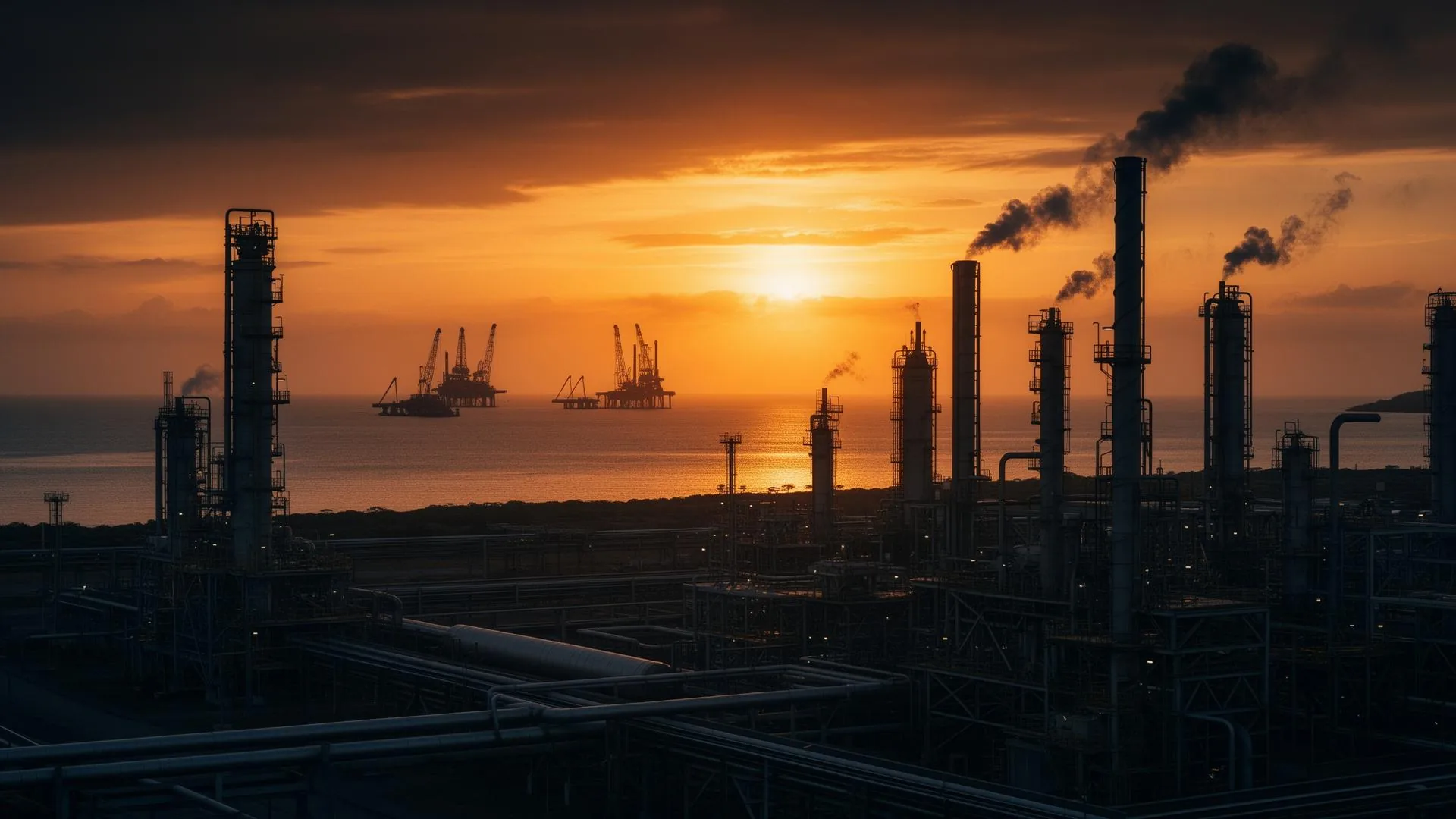 Refinería petrolera en Maracaibo, Venezuela al atardecer — SISMACA